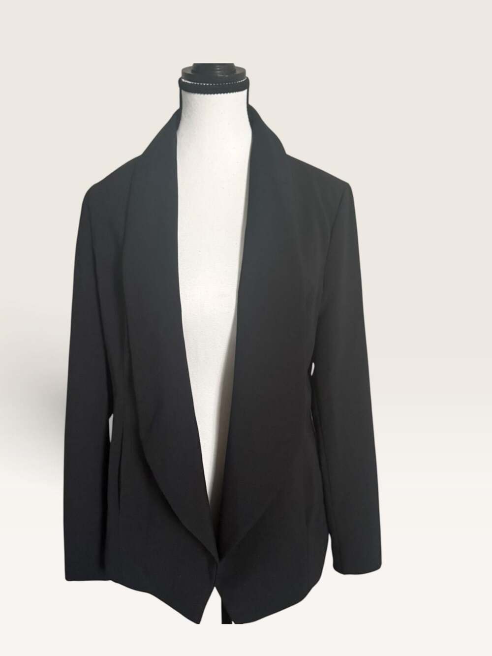 H by Halston Black Woven Flyaway Shawl Collar Blazer Jacket With Ribbed Arm Pane